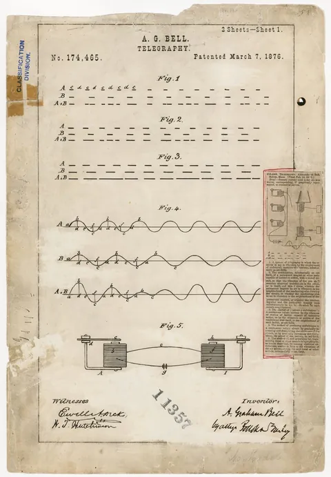 Telegraphy, patent drawing by Alexander Graham Bell