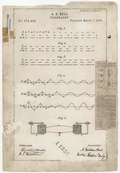 Telegraphy, patent drawing by Alexander Graham Bell