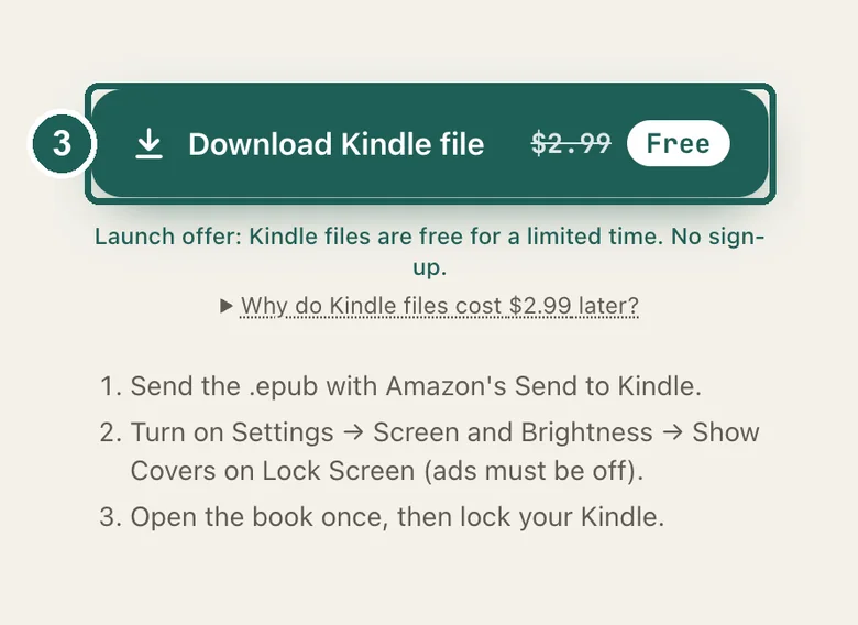 The download button and the install steps for the selected Kindle